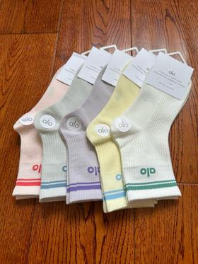 新配色 彩色系双杠 Alo秋款中筒女袜5双装组合