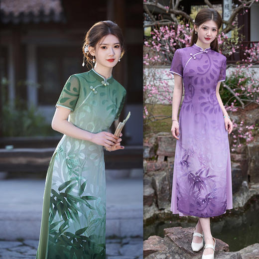 SYK211039旗袍复古民国风绿色短袖奥黛2025年夏新款气质优雅淑女范奥黛 商品图3