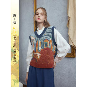 两三事梵高文艺月洇空庭2025冬季新款抽象图案毛织马甲女宽松马夹