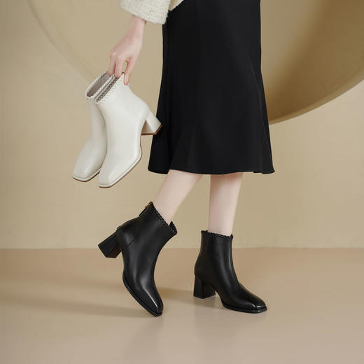 Westory2025年冬季方头粗跟羊皮简约百搭短靴S25DS85911 商品图5