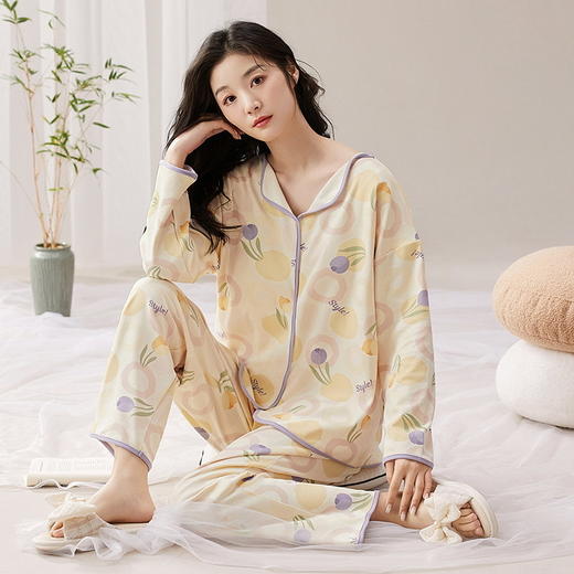 春秋季女士开衫睡衣带胸垫小翻领长袖长裤家居服套装卡通免穿文胸学生家居服 商品图5