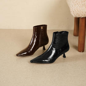 Westory2025年冬季小方头中跟抓邹牛油皮简约百搭短靴S25DS85931