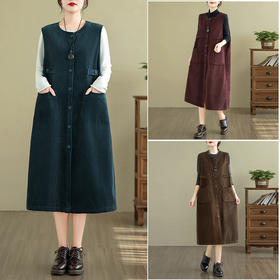 GYH 8639复古纯色灯芯绒无袖连衣裙中长款开衫背心裙