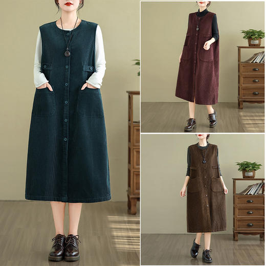 GYH 8639复古纯色灯芯绒无袖连衣裙中长款开衫背心裙 商品图0