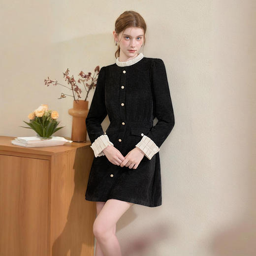 法式优雅小香风木耳边袖连衣裙女早春赫本千金风钉珠领连衣裙V4243204 商品图3