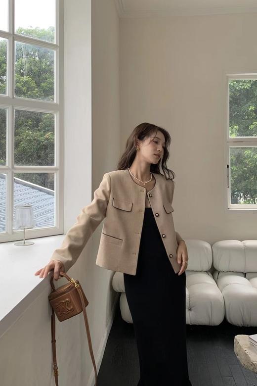 Le Malene 浅卡其色明线小香风圆领西装外套 18802 商品图1