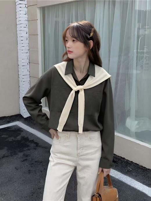 【秋新品】赠送披肩 灰色短款简约衬衫（微微瑕）-喜出 商品图1