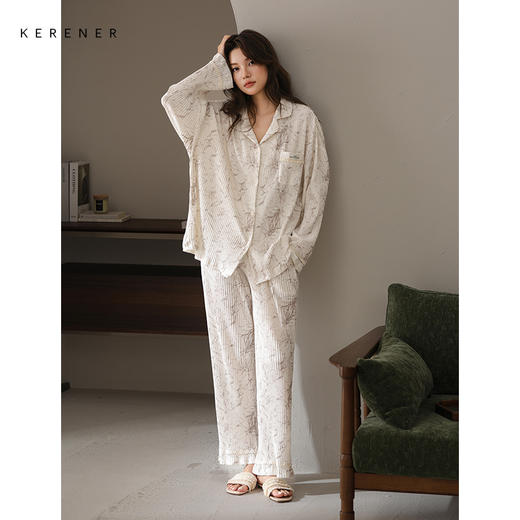 可人儿春秋季带胸垫奥力棉女士长袖长裤睡衣可外出纯棉家居服套装 商品图1