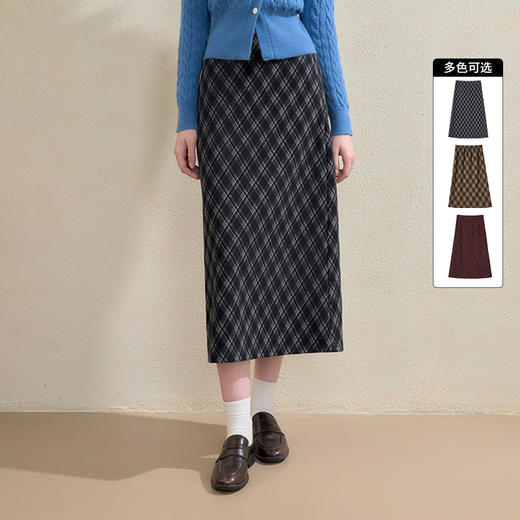 西遇复古棱格毛呢半身裙女秋季新款学院风高腰显瘦直筒中长裙V3355237/V3355195/V3355238 商品图0