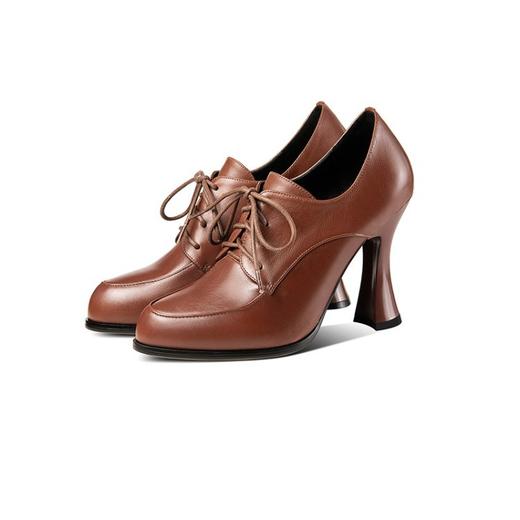 BZ804圆头防水台高跟鞋女2025年春秋季系带棕色深口系带软皮粗跟单鞋潮 商品图4