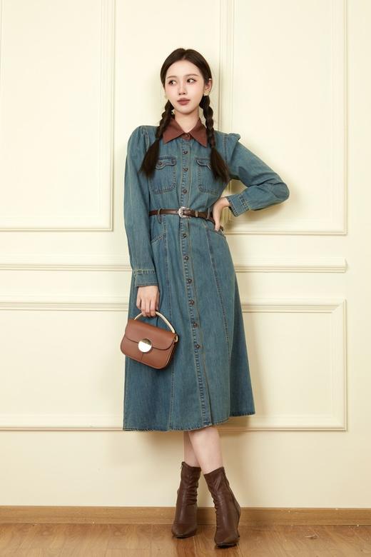 L.Fleuri 撞色拼接翻领牛仔连衣裙 18646 商品图2