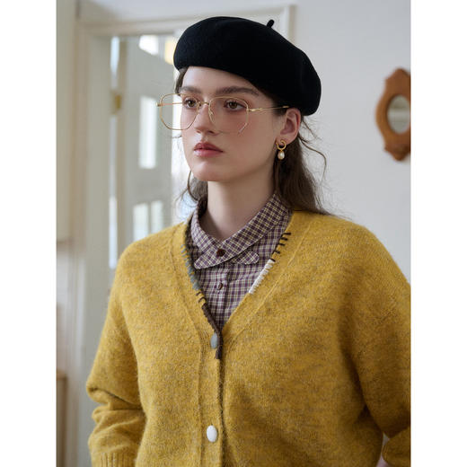 SimpleRetro法式羊毛花纱V领撞色针织开衫女 商品图3