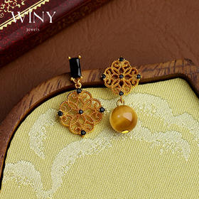 Winy  s925银一帘花影耳饰 金色镀层 + 木变石 + 玻璃 优雅气质耳饰