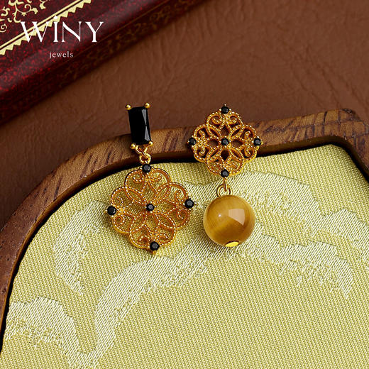 Winy  s925银一帘花影耳饰 金色镀层 + 木变石 + 玻璃 优雅气质耳饰 商品图0