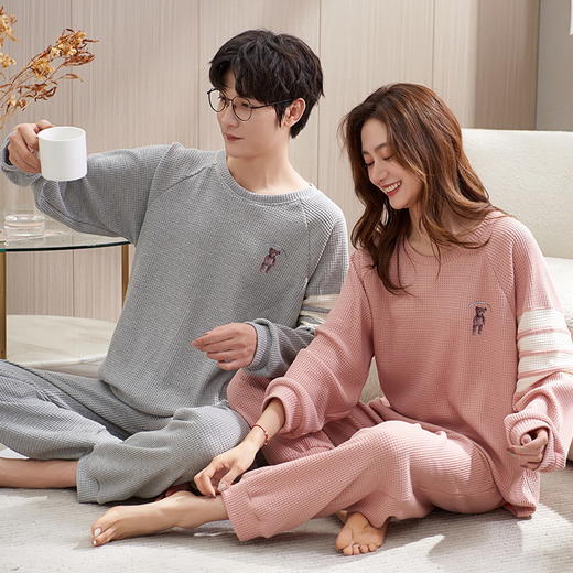新款秋季情侣睡衣女棉长袖长裤套装男春秋季华夫格家居服休闲居家 商品图6