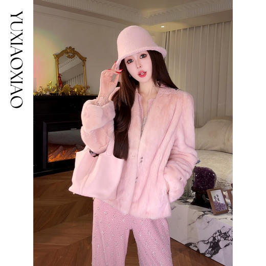 余潇潇【月光宝石】重工缝珠丹麦水貂真丝里布V领泡泡袖皮草外套 商品图0