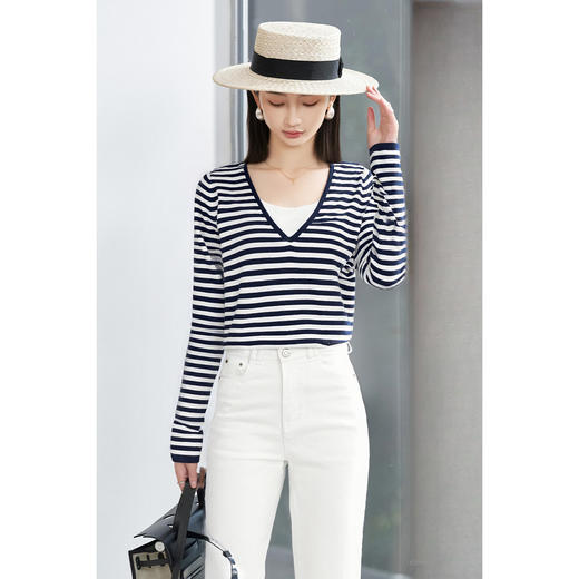 剩S 假两件条纹针织衫 海魂风慵懒小衫 亲肤纱线 米思阳2026春季新款休闲感领口舒适上衣女5077 商品图2