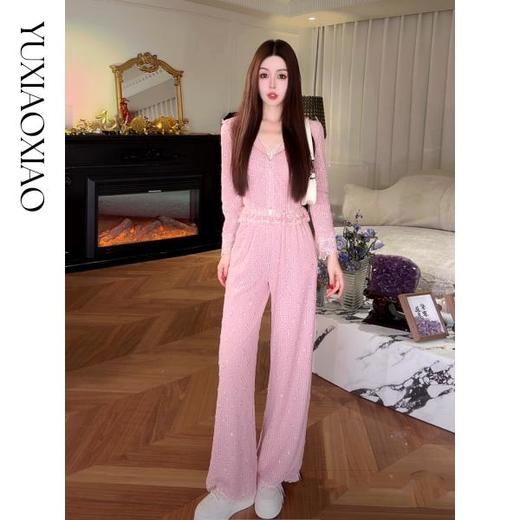 余潇潇【日落玫瑰岛】时髦减龄亮片刺绣拼花边短款外套&直筒裤套装 商品图0