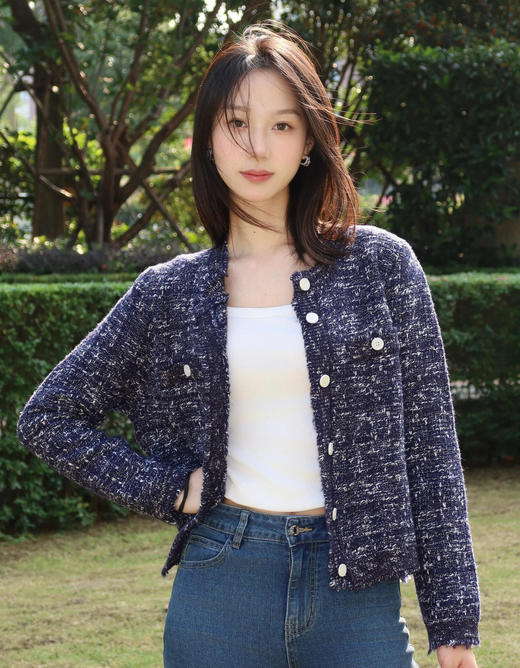 之禾同款拉毛牛仔感小香羊毛桑蚕丝开衫外套 商品图0