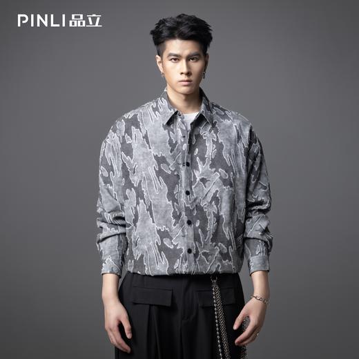 PINLI品立春季新款设计感割花长袖衬衫宽松拼接休闲男衬衣潮B253113057 商品图0