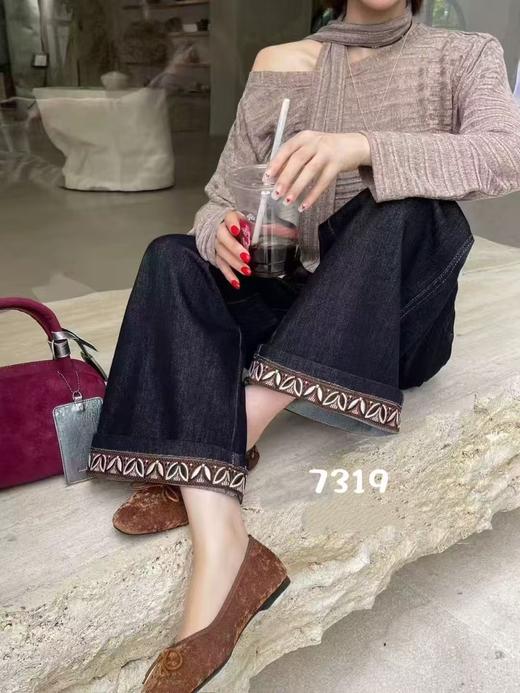 【爆款牛仔】2025秋季新品～7319两穿可卷边重工刺绣裤口单宁蓝牛仔直筒裤-喜出 商品图3