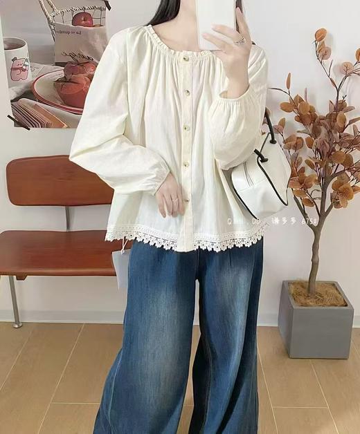 【秋上新】水洗棉675下摆流苏蕾丝边长袖小衫上衣-喜出 商品图2