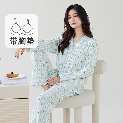 秋季带胸垫睡衣女和服无领长袖长裤家居服套装前扣免穿文胸春秋款 商品图6