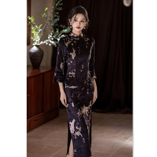 GX丝绒单层改良新中式长款七分袖旗袍2025秋季新款日常可穿年轻旗袍 商品图0