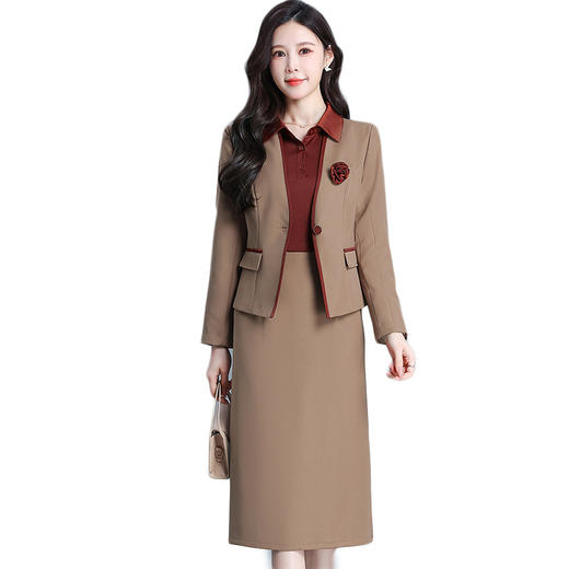 QYM 725021-Y两件套连衣裙西装外套+衬衣长袖拼结假两件包臀裙 商品图4