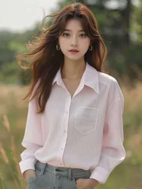 【秋新品】维纳真蒂2950清新条纹蕾丝口袋衬衫-喜出
