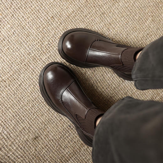 阿么手工女鞋秋冬复古一脚蹬短靴显瘦百搭真皮学院风袜靴厚底5CM 商品图4