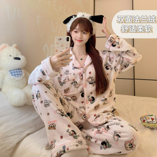 秋冬季【法兰绒睡衣女】小香风彩色波点长袖套装 加厚保暖家居服可外穿  商品图14