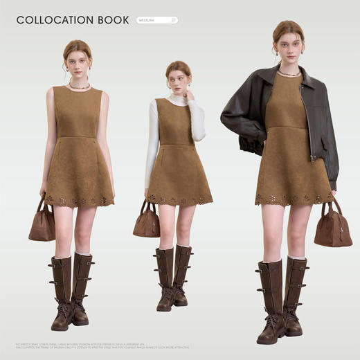 西遇复古柔雾感麂皮背心裙女秋季镂空花边收腰显瘦连衣裙短裙V3455240 商品图1