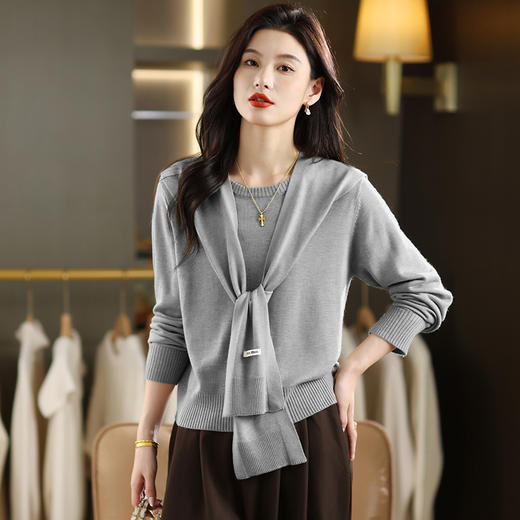 圆领长袖t恤，带披肩假两件针织衫上衣CC-101-9512 商品图1