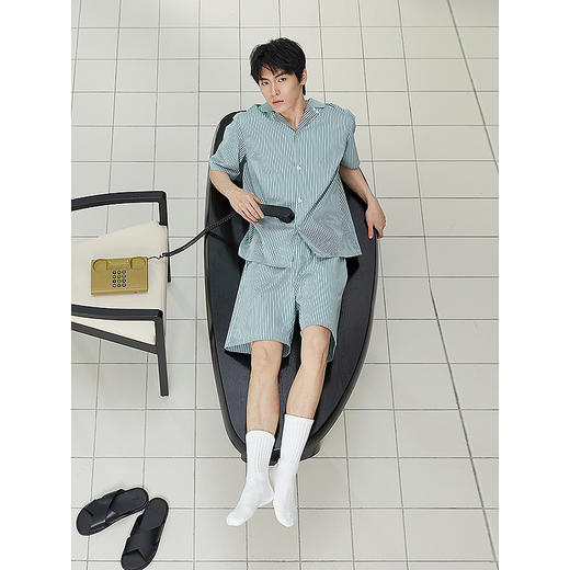 GXG男士家居服 清新绿色条纹短袖短裤睡衣套装男 25年春夏新品 商品图2
