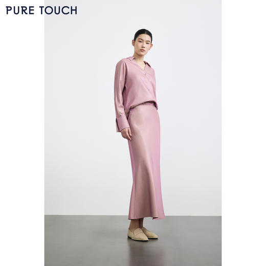 PURE TOUCH女装 25秋冬新款v领缎面长袖衬衫极简直筒微收腰珠光感 商品图1