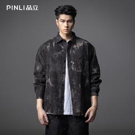 PINLI品立春季新款复古扎染长袖牛仔衬衫男潮牌宽松休闲外套GD253113115