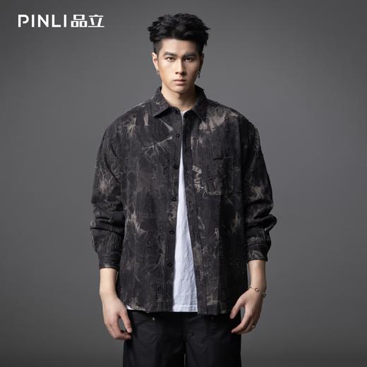 PINLI品立春季新款复古扎染长袖牛仔衬衫男潮牌宽松休闲外套GD253113115 商品图0