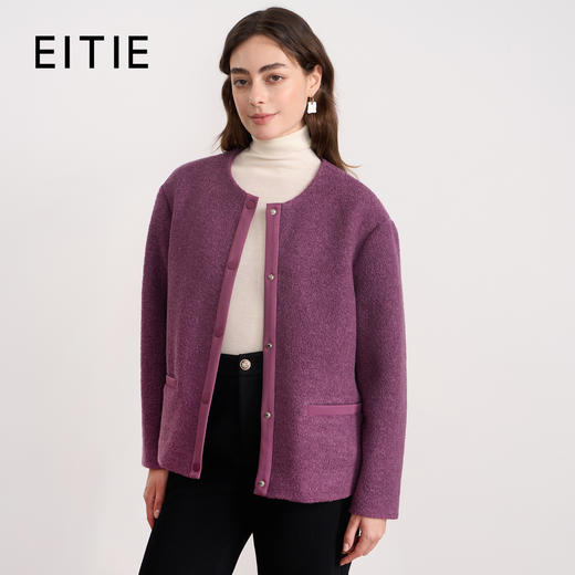 EITIE爱特爱时尚复古紫色单排扣短款宽松毛呢外套2025秋冬新款D2503915 商品图0