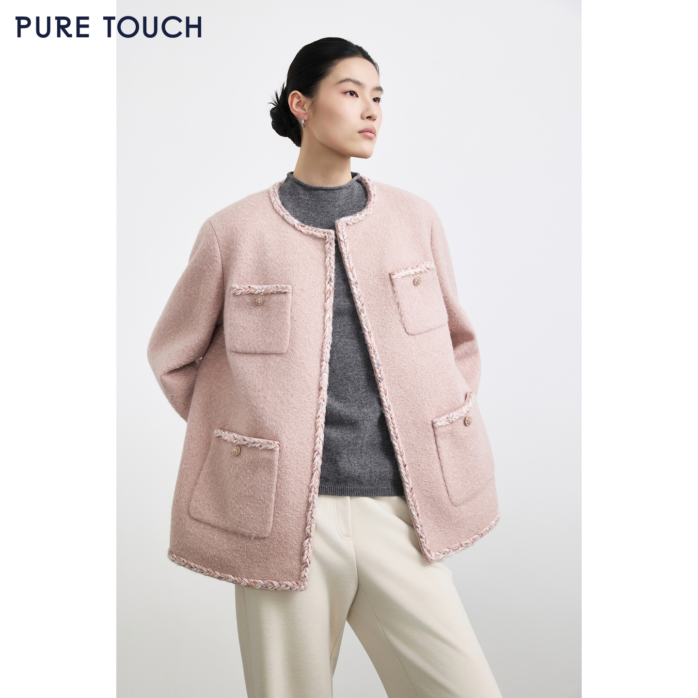 PURE TOUCH女装 25秋冬新款小香风短外套圆领法式粗花呢粉色直身