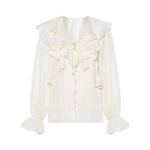 两三事 柔光涟漪 2025冬季新款淑女风荷叶边领绑带长袖衬衫女 商品图4