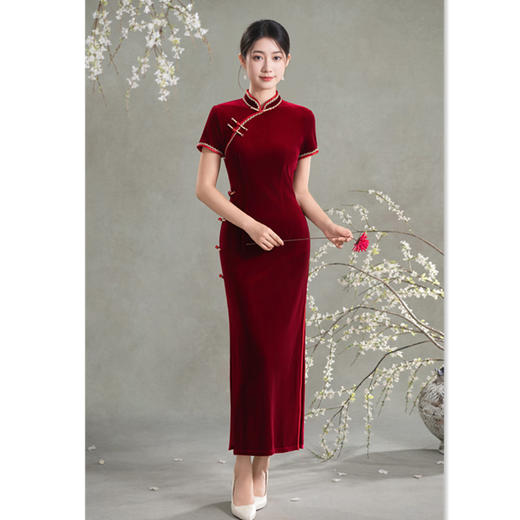 SKY 209666红色花边丝绒喜妈妈婚宴长款气质旗袍 商品图1