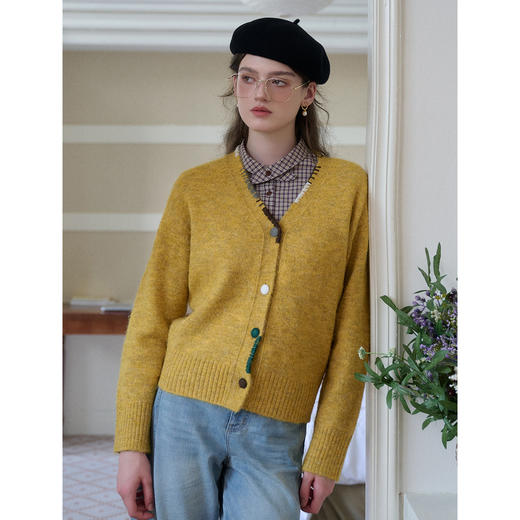 SimpleRetro法式羊毛花纱V领撞色针织开衫女 商品图0