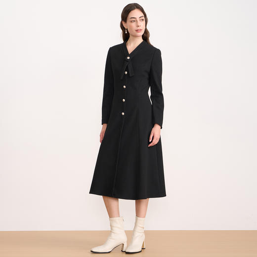 EITIE爱特爱V领蝴蝶结复古优雅金葱A字长袖连衣裙2025秋冬新款D2507921 商品图3