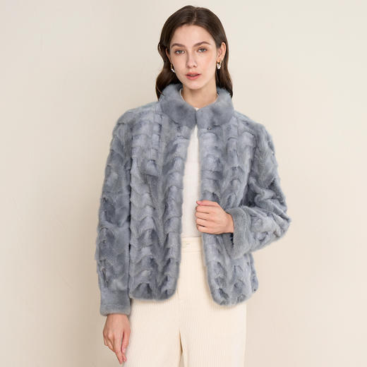 EITIE爱特爱时尚小立领浅蓝色轻奢直筒水貂毛皮草外套2025冬新款D2593907X 商品图2