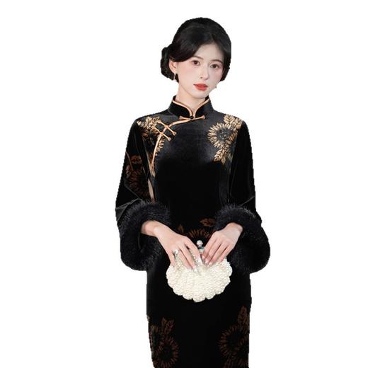 GX丝绒毛袖长款旗袍2025秋冬新款复古国风改良中式长袖旗袍连衣裙女 商品图4