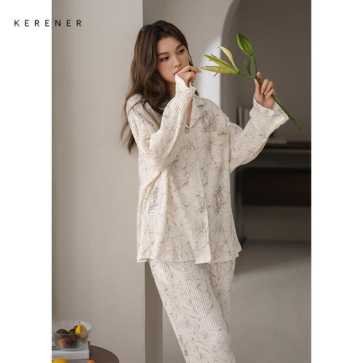 可人儿春秋季带胸垫奥力棉女士长袖长裤睡衣可外出纯棉家居服套装 商品图2