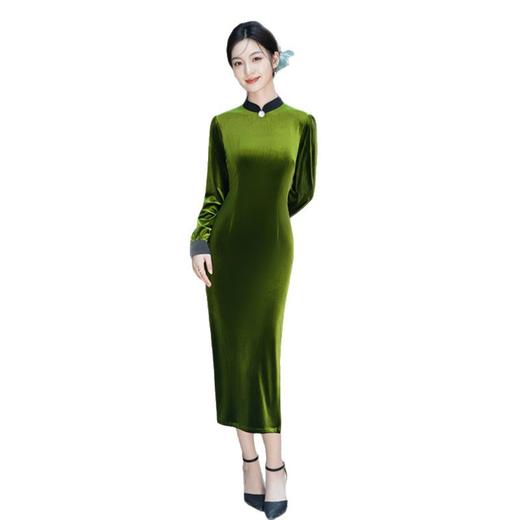 GX时尚改良新中式丝绒长袖拼接旗袍2025秋新款年轻女士日常修身旗袍 商品图4