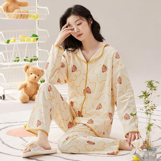 春秋季女士开衫睡衣带胸垫小翻领长袖长裤家居服套装卡通免穿文胸学生家居服 商品图9