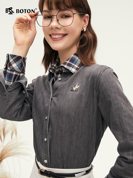 波顿女士四季 净色衬衫 翻领宽松 全棉舒垂牛仔长袖休闲款LS035324 商品图1